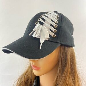 Black Cap with White Lace-Up Detail